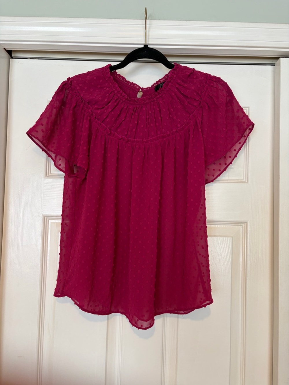 J. Crew Fuchsia Swiss Dot Ruffle Yoke Top